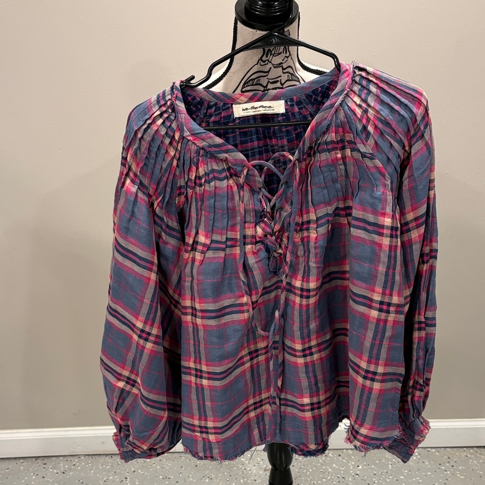 NWOT Free People Plaid Blouse in Pink and Blue